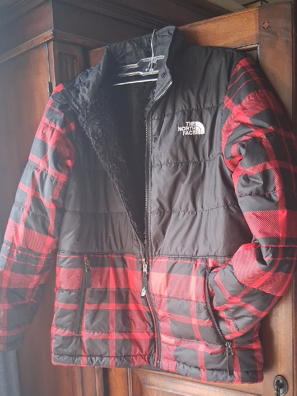 Kids Sz 10-12 The North Face Black & Red Plaid Puffer Jacket